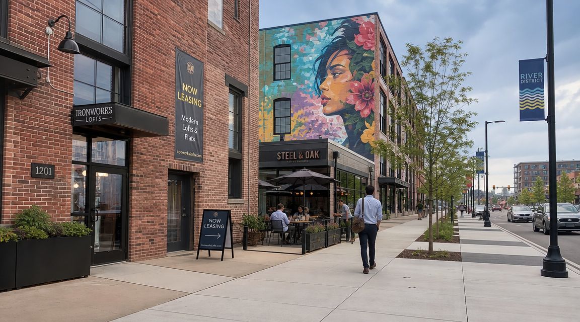A modern brick urban street scene featuring Ironworks Lofts, a cafe, and a colorful floral mural.