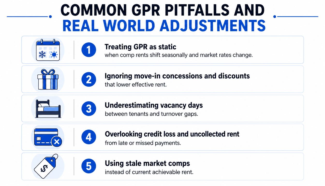 A list of five common GPR pitfalls and real-world adjustments in real estate financial analysis.