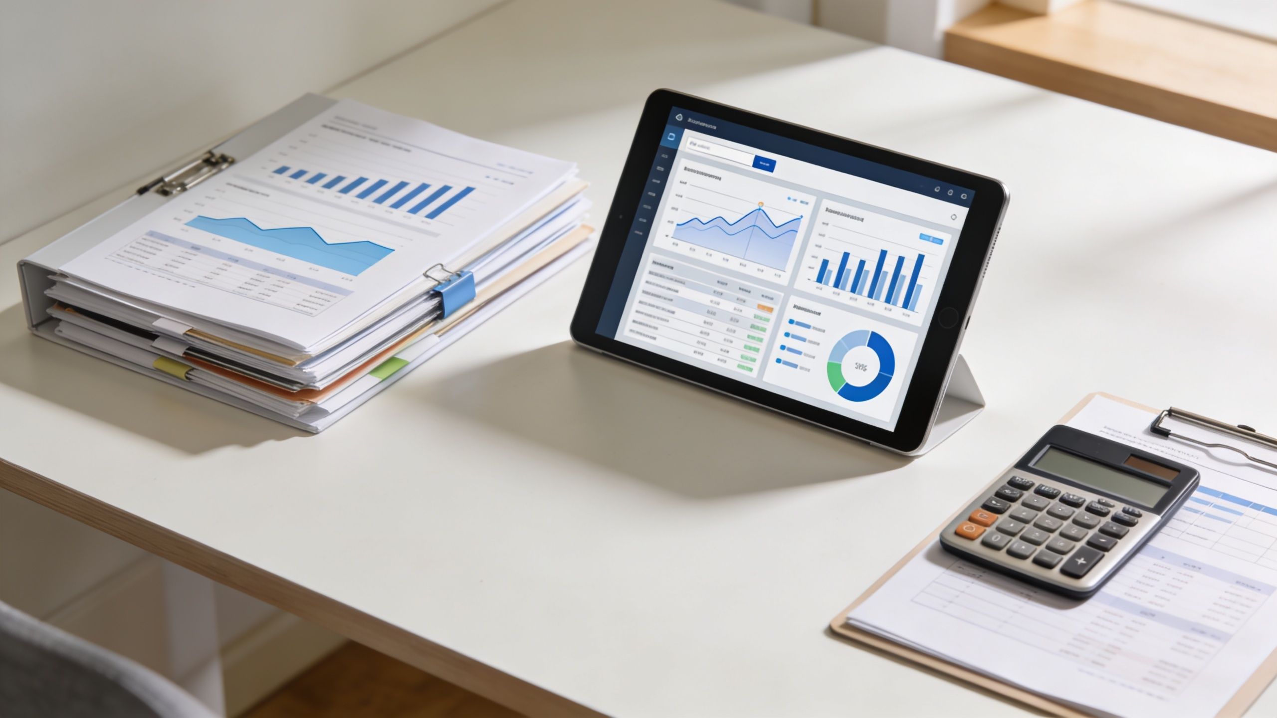 A digital tablet displaying business analytics charts on a desk with financial documents and a calculator.