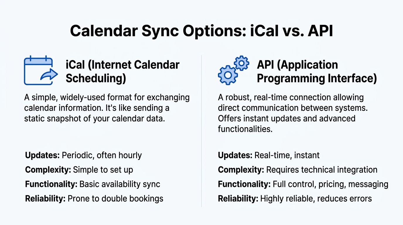 A comparison chart explaining the differences between iCal and API for calendar synchronization in rental systems.