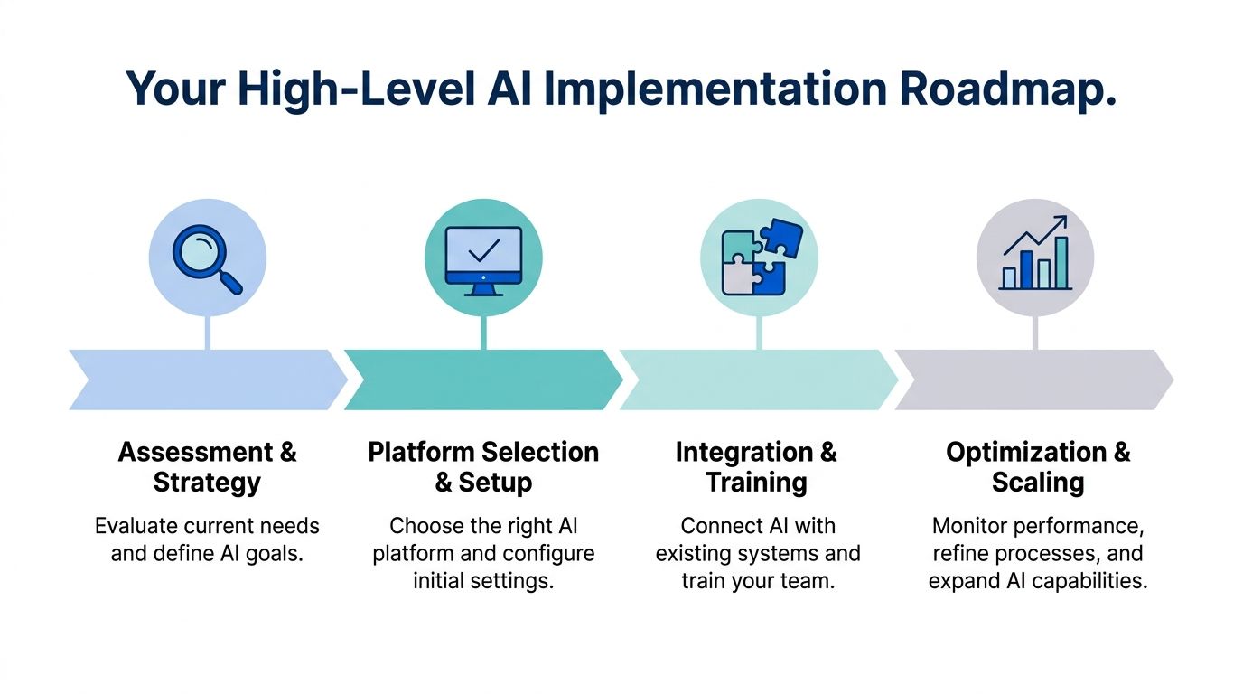 A four-step roadmap graphic illustrating the process of implementing artificial intelligence in business operations.
