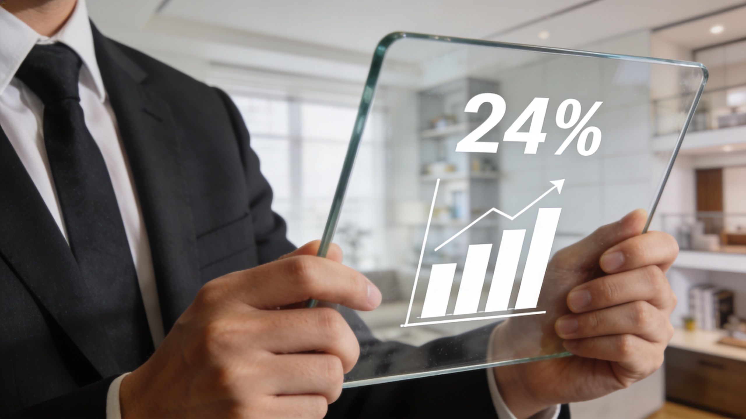 A professional in a suit holding a transparent tablet displaying a twenty-four percent growth chart.