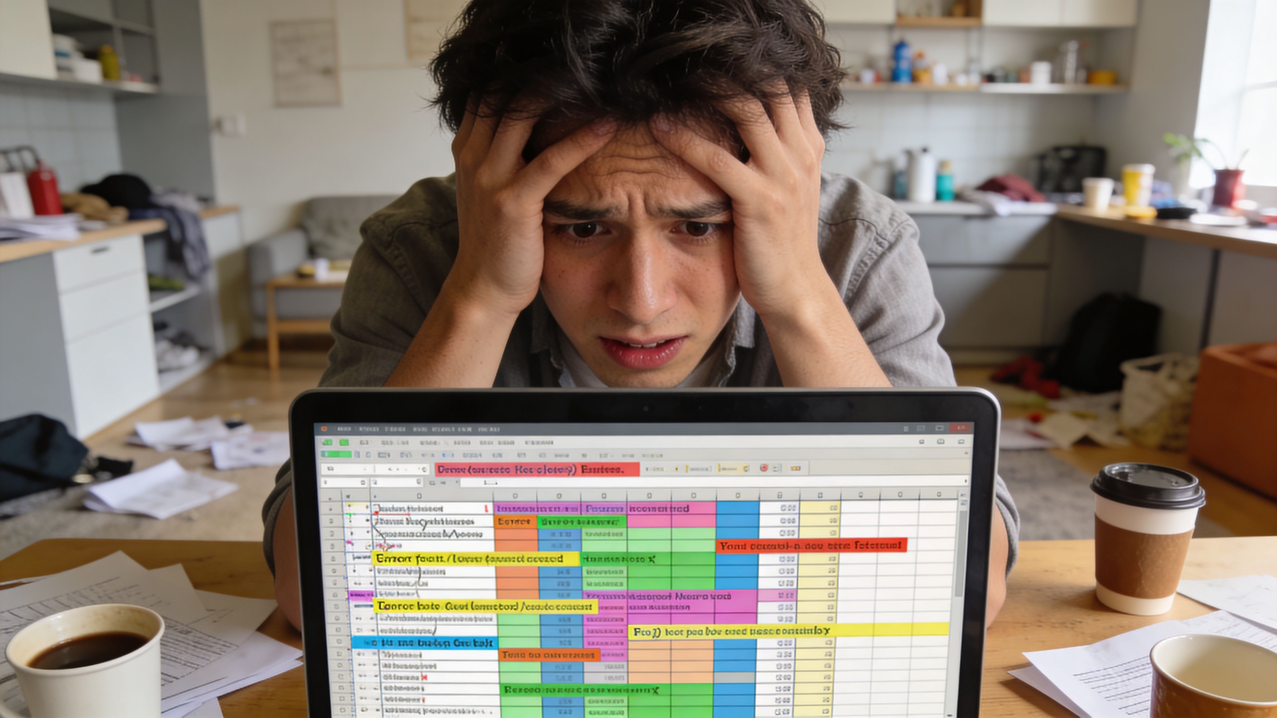 A stressed student looking at a spreadsheet on a laptop while surrounded by scattered papers and coffee.