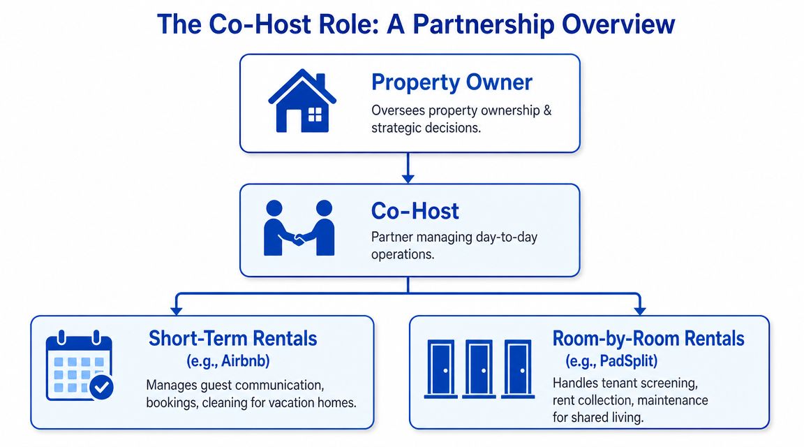 A diagram illustrating the co-host partnership model between a property owner and a day-to-day operations manager.