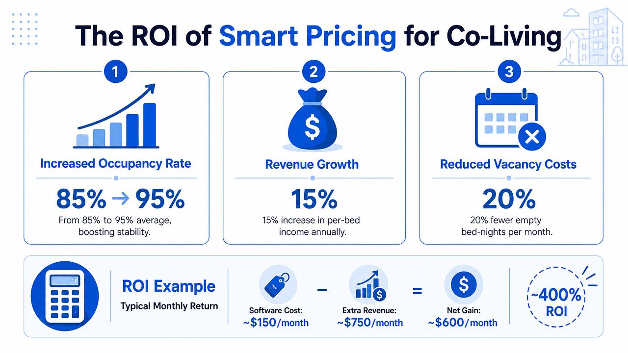 An infographic showing the ROI benefits of smart pricing software for co-living spaces including occupancy and revenue.