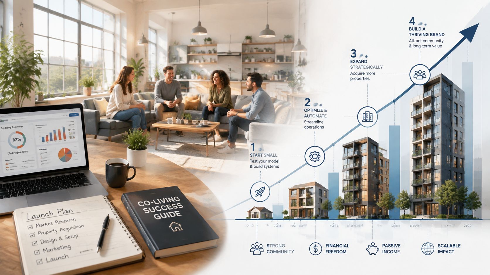 A professional guide to co-living success showing a growth chart and a group meeting in a home.