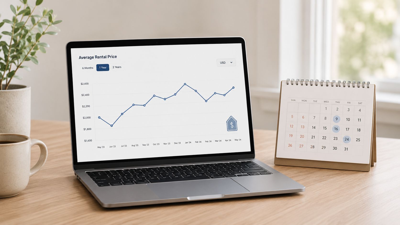 A laptop displaying an average rental price graph next to a physical desk calendar.