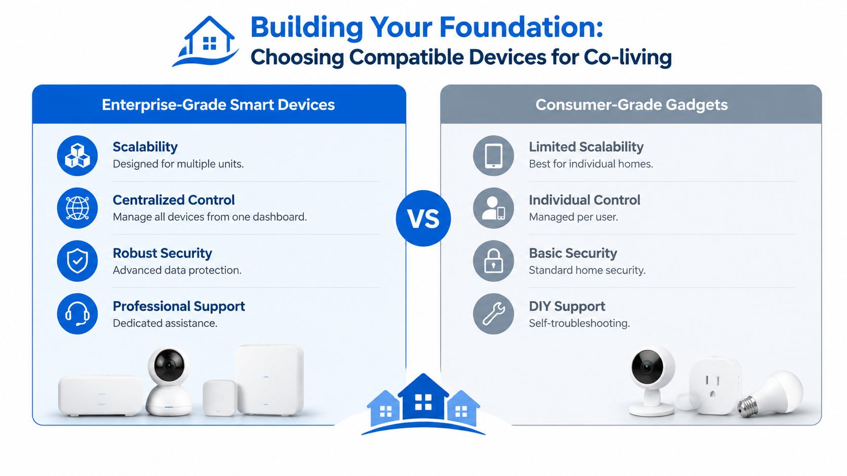 A comparison chart showing differences between enterprise-grade smart devices and consumer-grade gadgets for co-living environments.