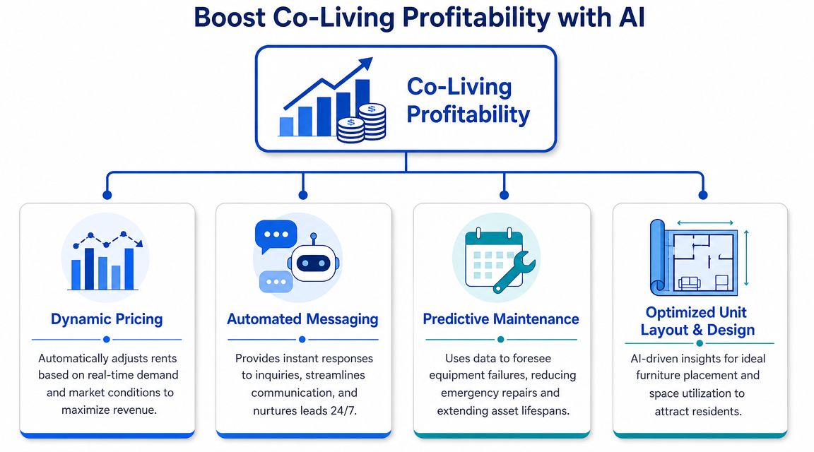 A diagram illustrating how artificial intelligence boosts co-living profitability through pricing, messaging, maintenance, and unit design.