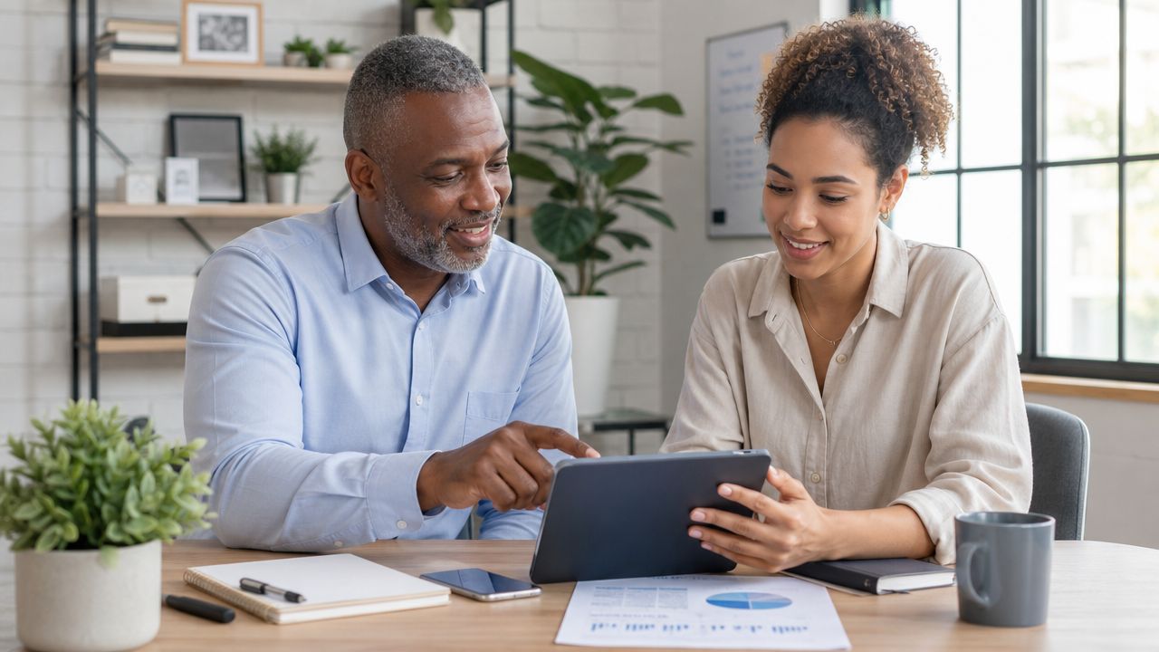 A professional man and woman collaborating while reviewing data on a tablet at an office desk.