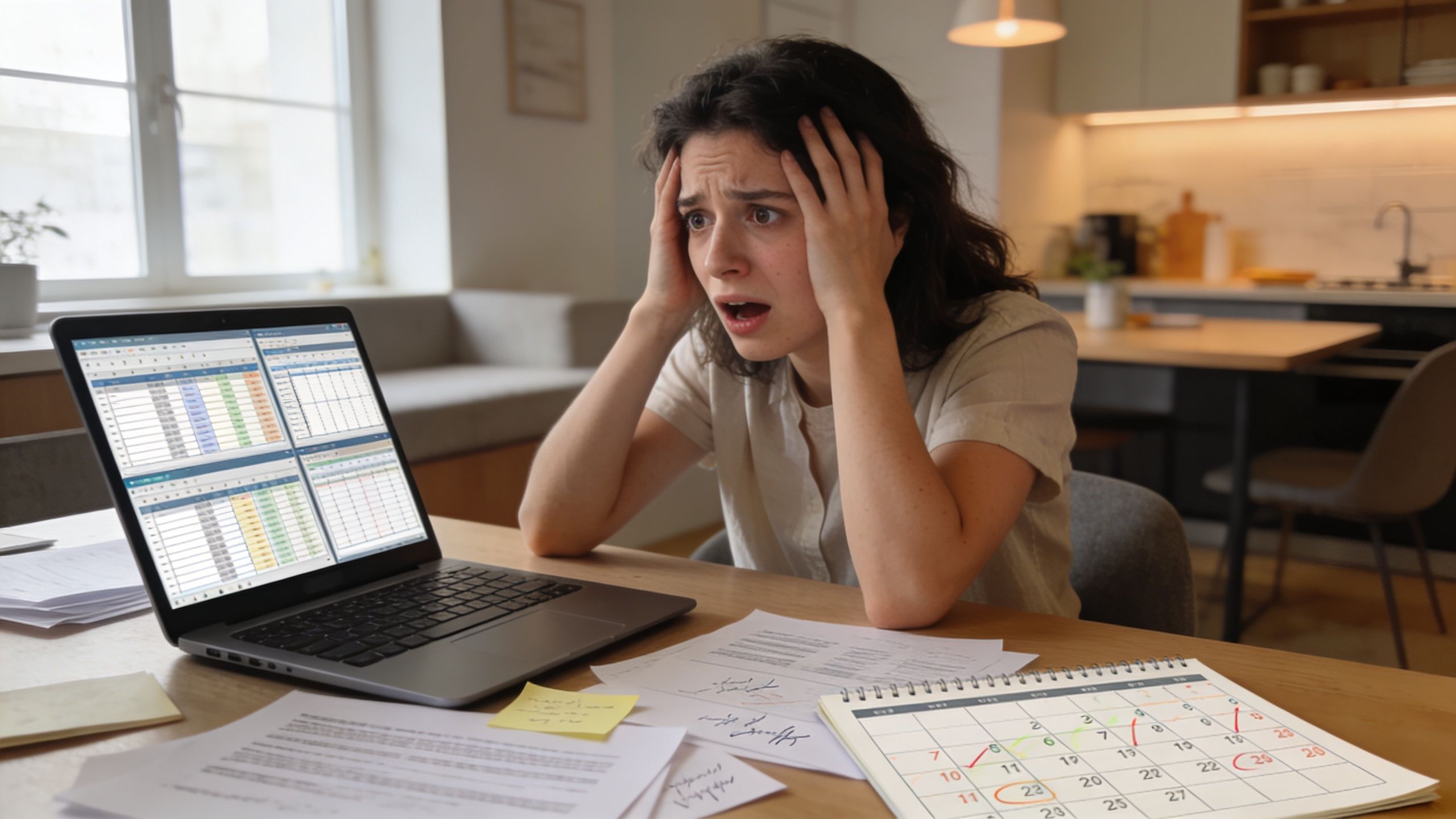 A stressed young woman looking at her laptop screen and a calendar, feeling overwhelmed by administrative work.