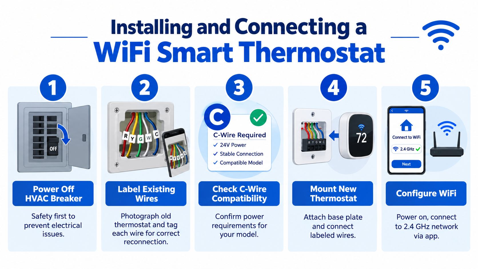 An infographic showing five simple steps to install and connect a new WiFi smart thermostat to your home.