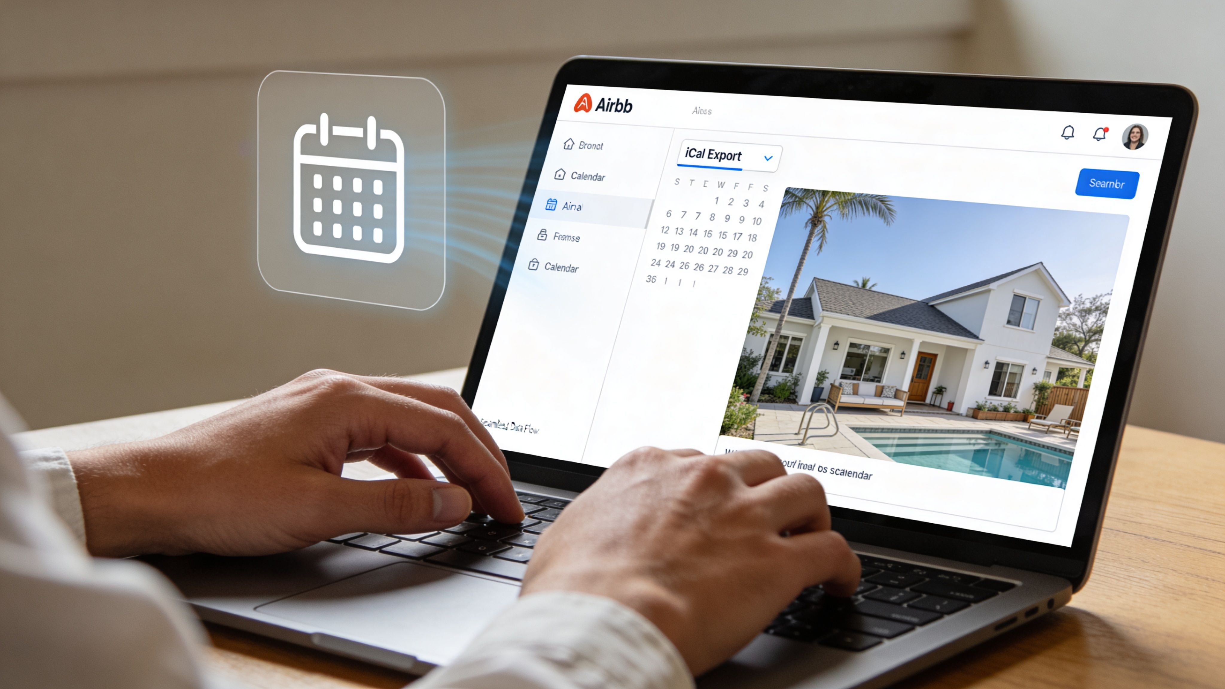 A person using a laptop to manage an Airbnb rental property calendar via an iCal export feature.