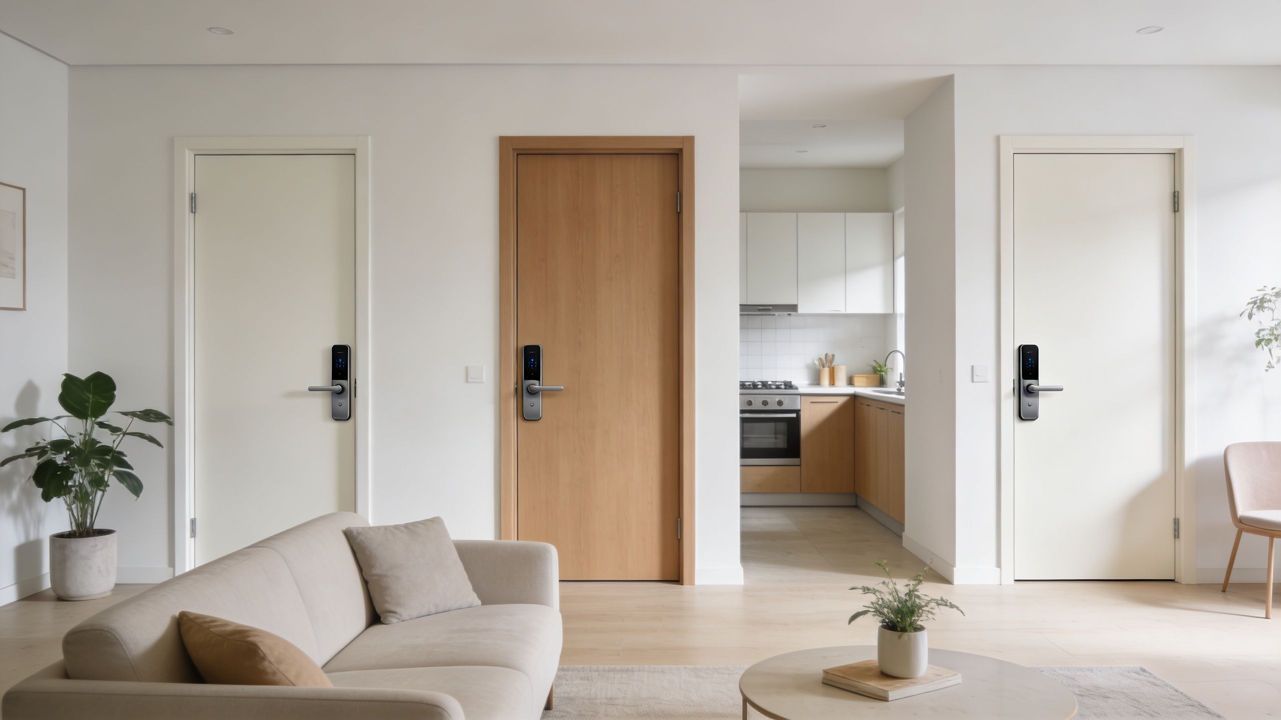 A minimalist modern living room interior featuring three doors, a sofa, and an open kitchen view.