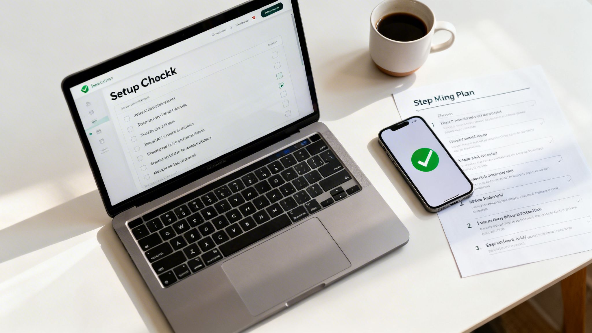 A clean desk workspace featuring a laptop displaying a checklist, a smartphone, coffee, and a document.