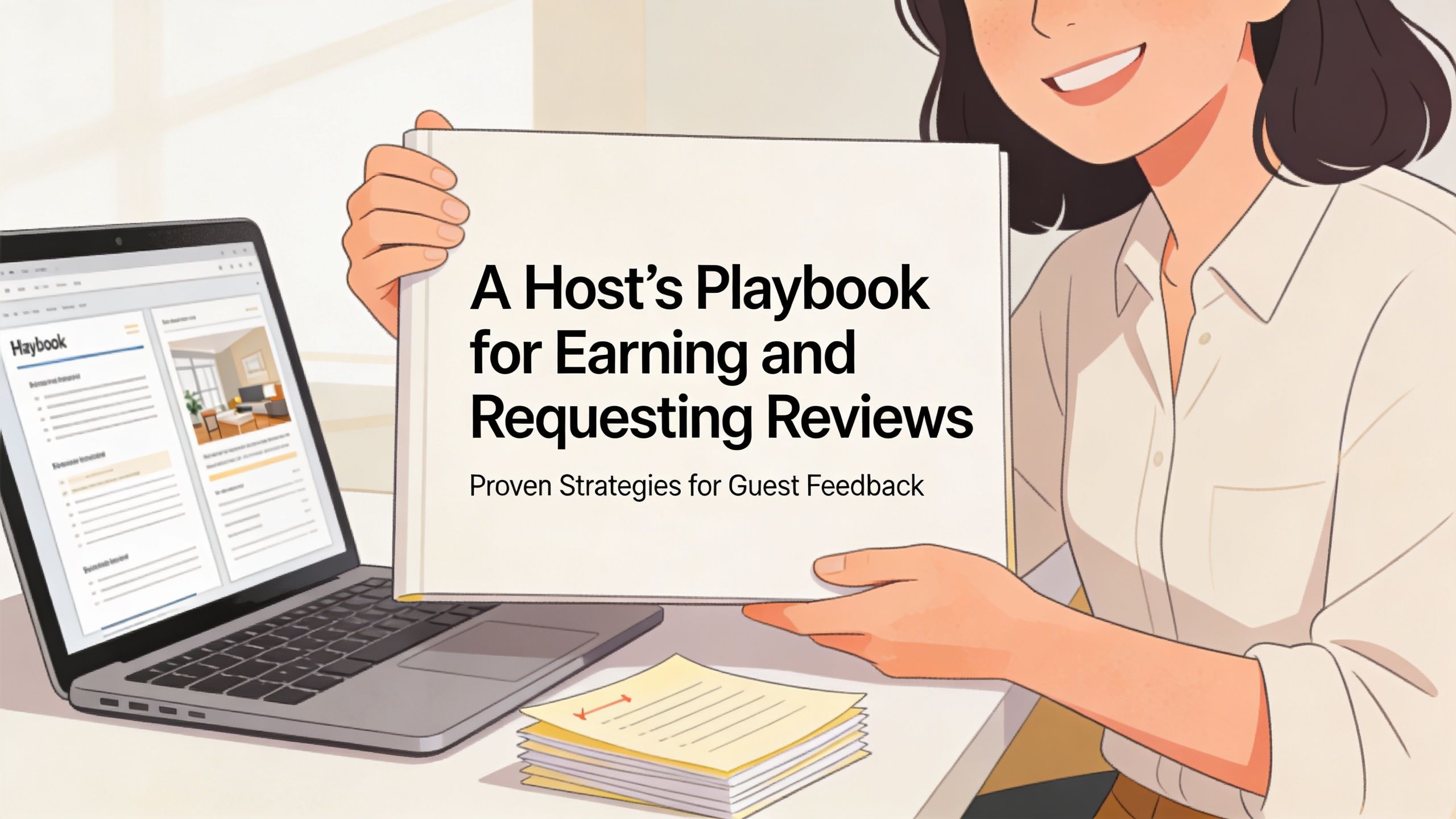 A woman holding a booklet titled A Host's Playbook for Earning and Requesting Reviews next to a laptop.