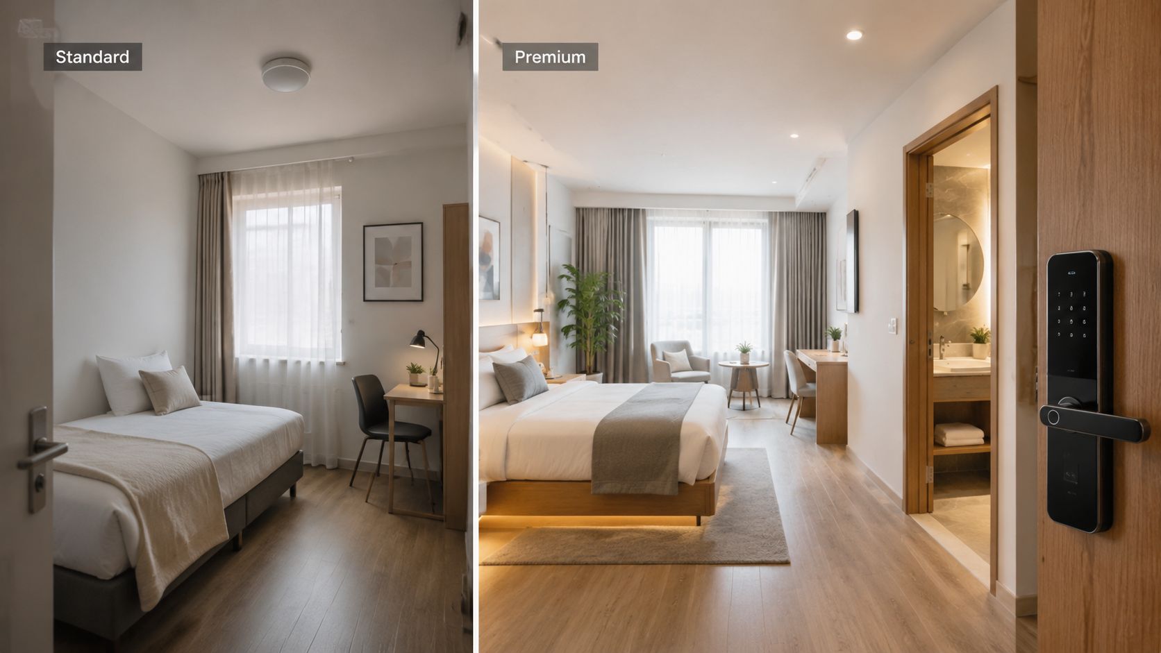 A side-by-side comparison showing a standard bedroom and a premium hotel suite with different amenities.