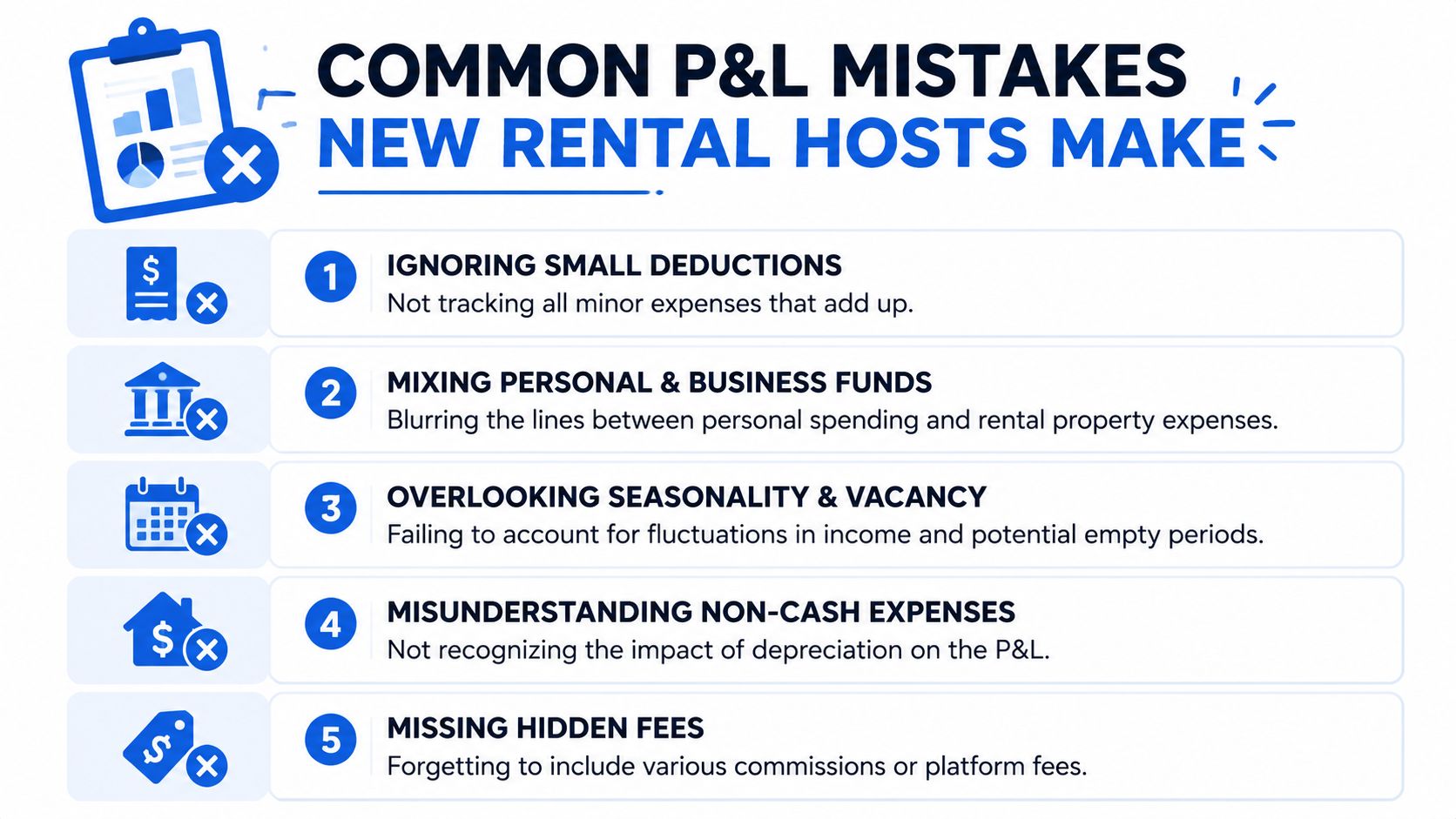 A helpful infographic listing five common profit and loss mistakes made by new rental property hosts.