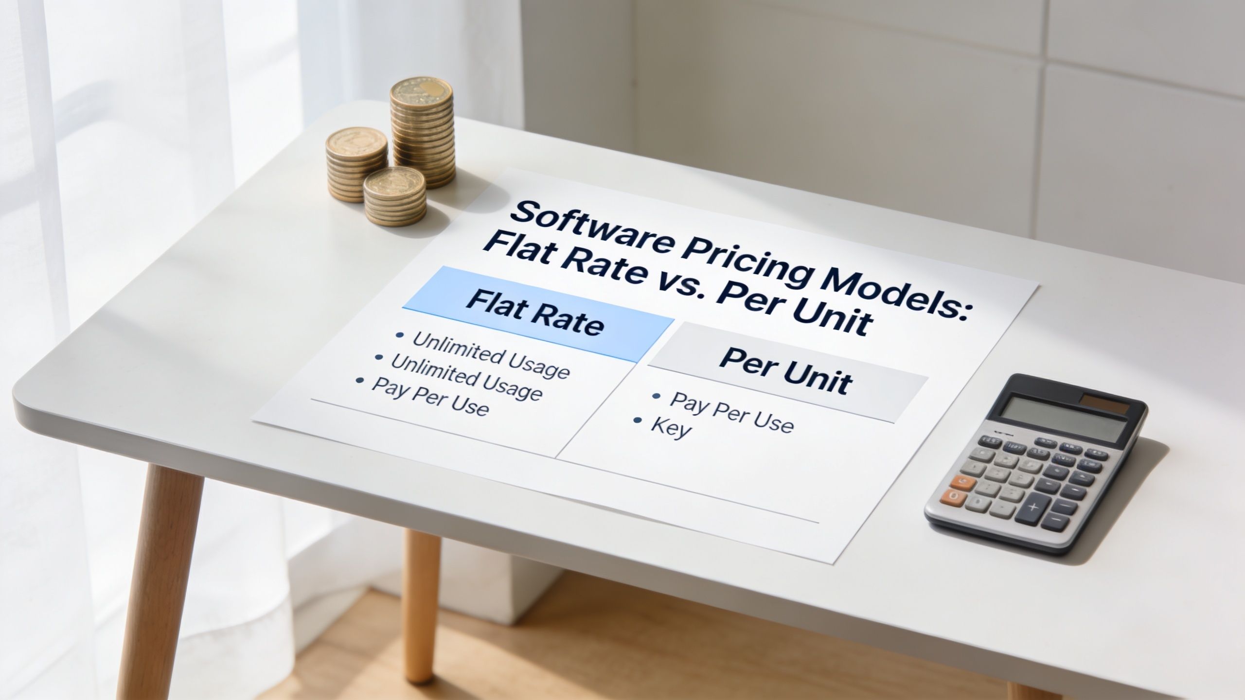 A sheet of paper showing a comparison of software pricing models: flat rate vs. per unit.
