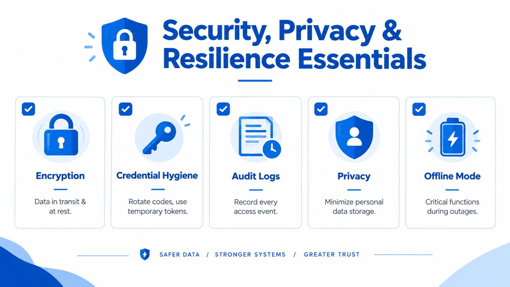 A professional infographic titled Security, Privacy & Resilience Essentials highlighting key strategies for safer data management.