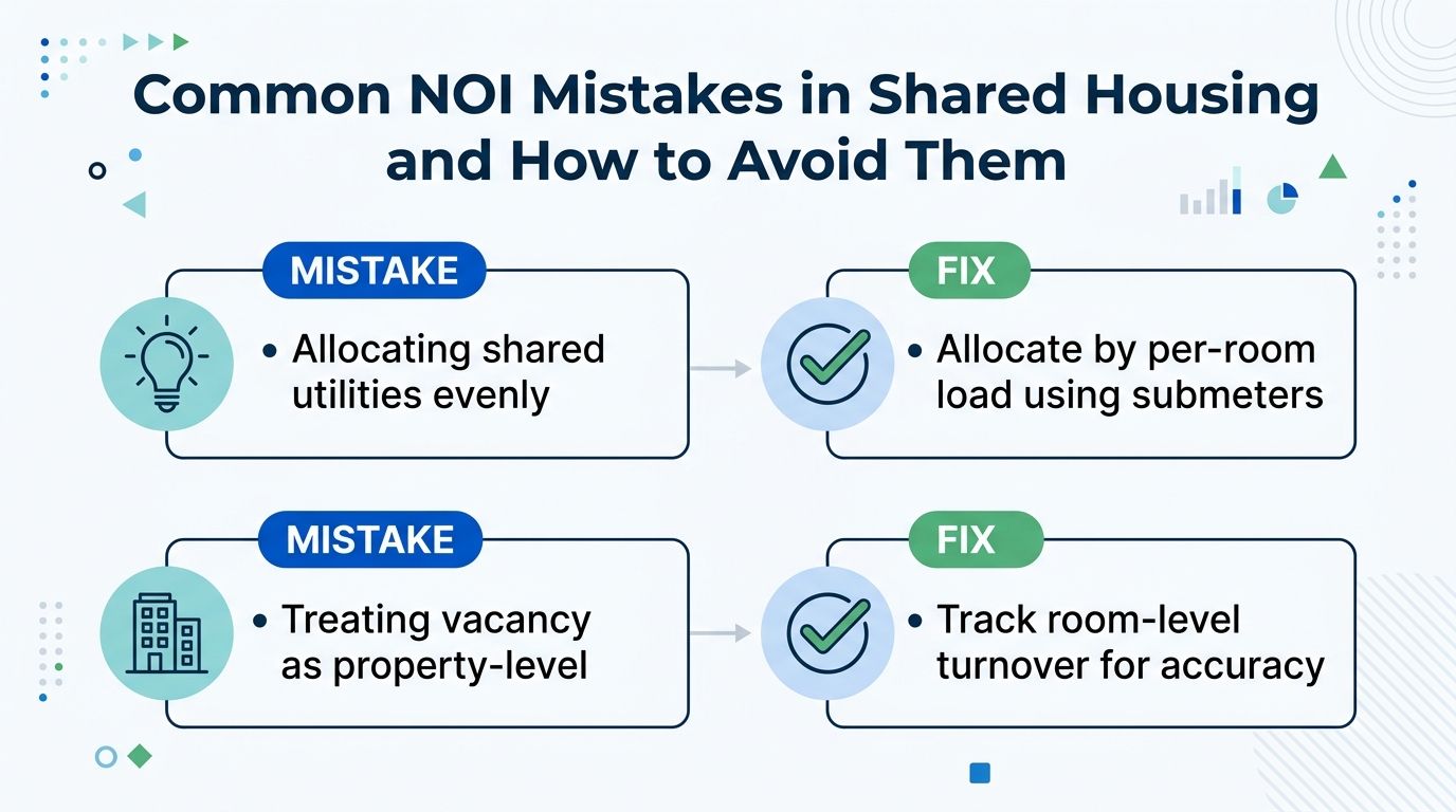 An infographic titled Common NOI Mistakes in Shared Housing outlining how to fix utility and vacancy accounting errors.