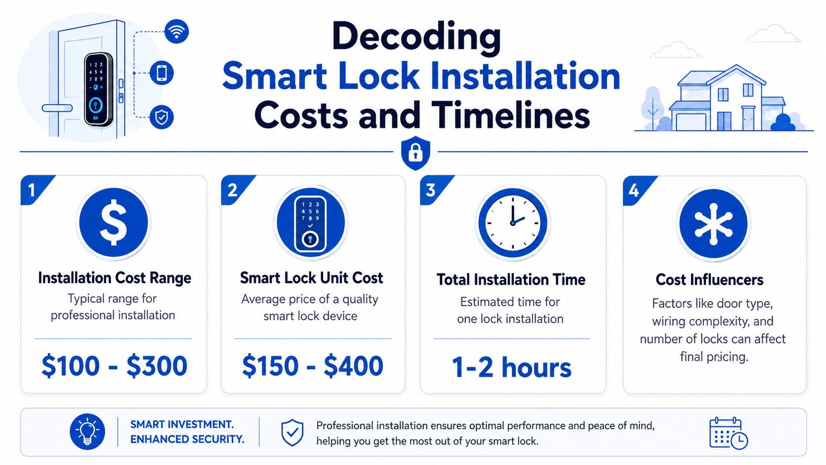 An infographic detailing typical costs and installation timelines for professional smart lock setups in residential homes.