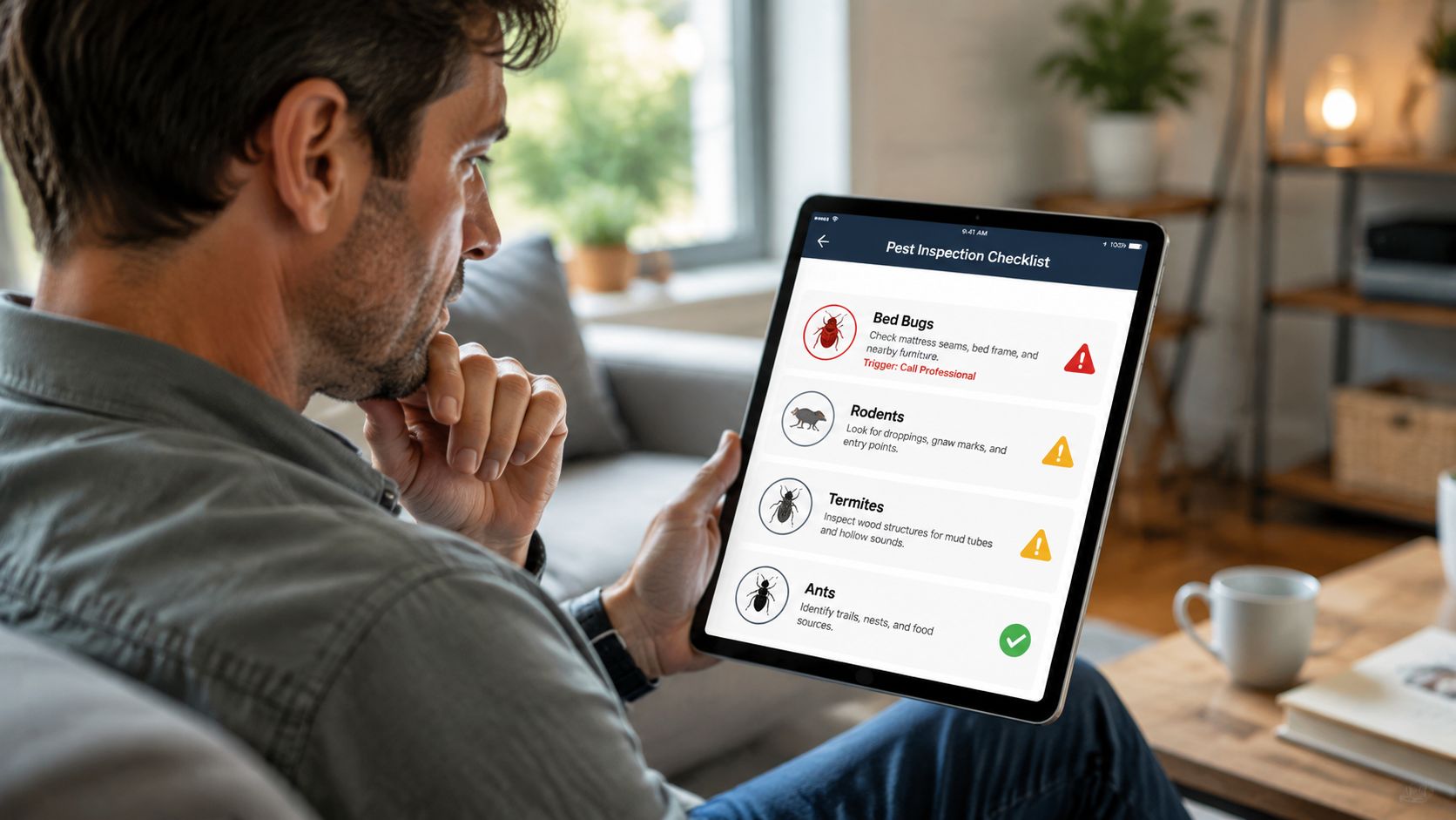A man sits on a sofa viewing a pest inspection checklist app on his tablet device.