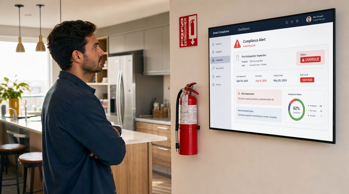 A man observing a digital dashboard displaying property fire safety compliance status and overdue inspection alerts.