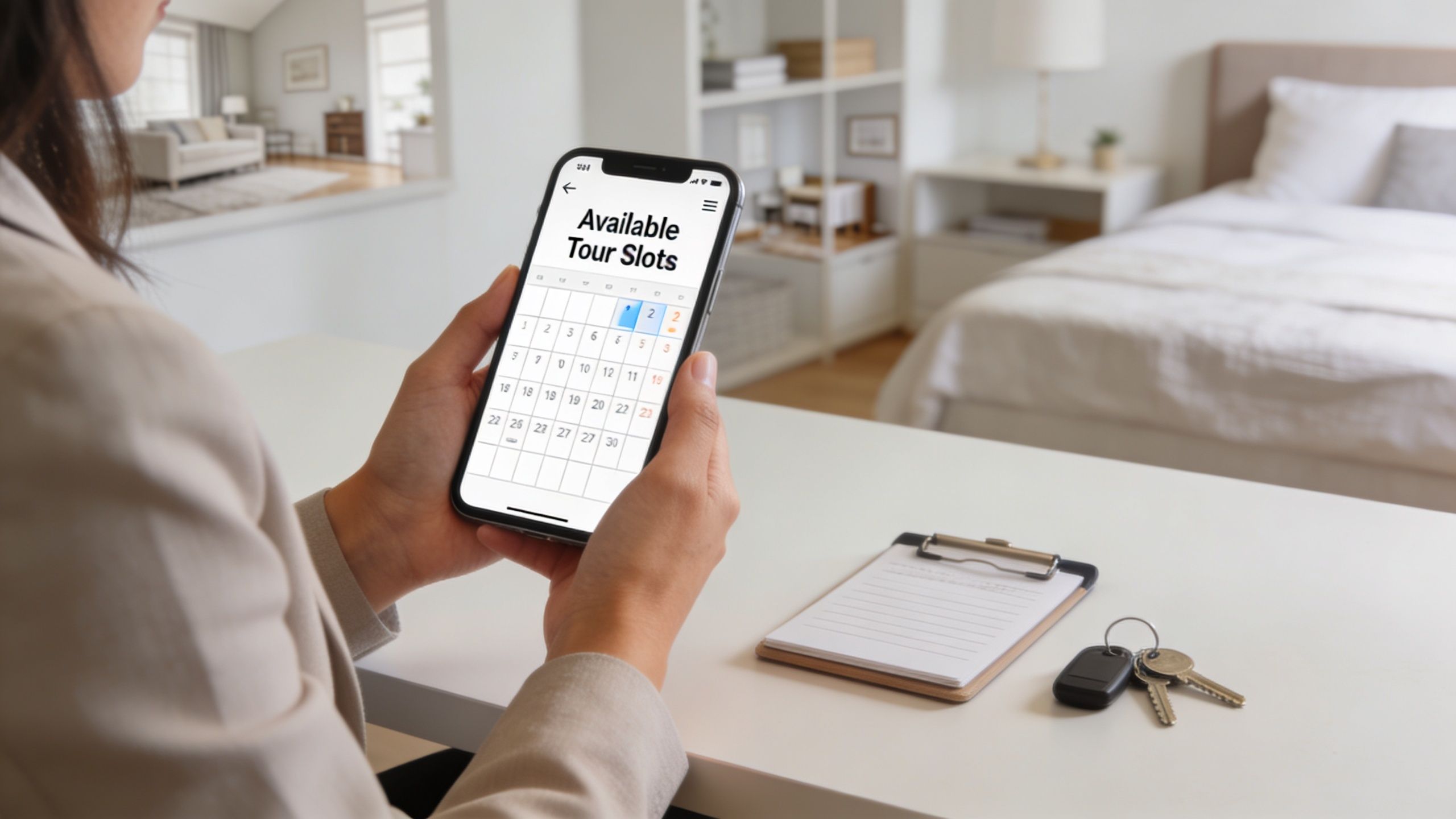 A real estate agent checks available house tour slots on a smartphone at an office desk.