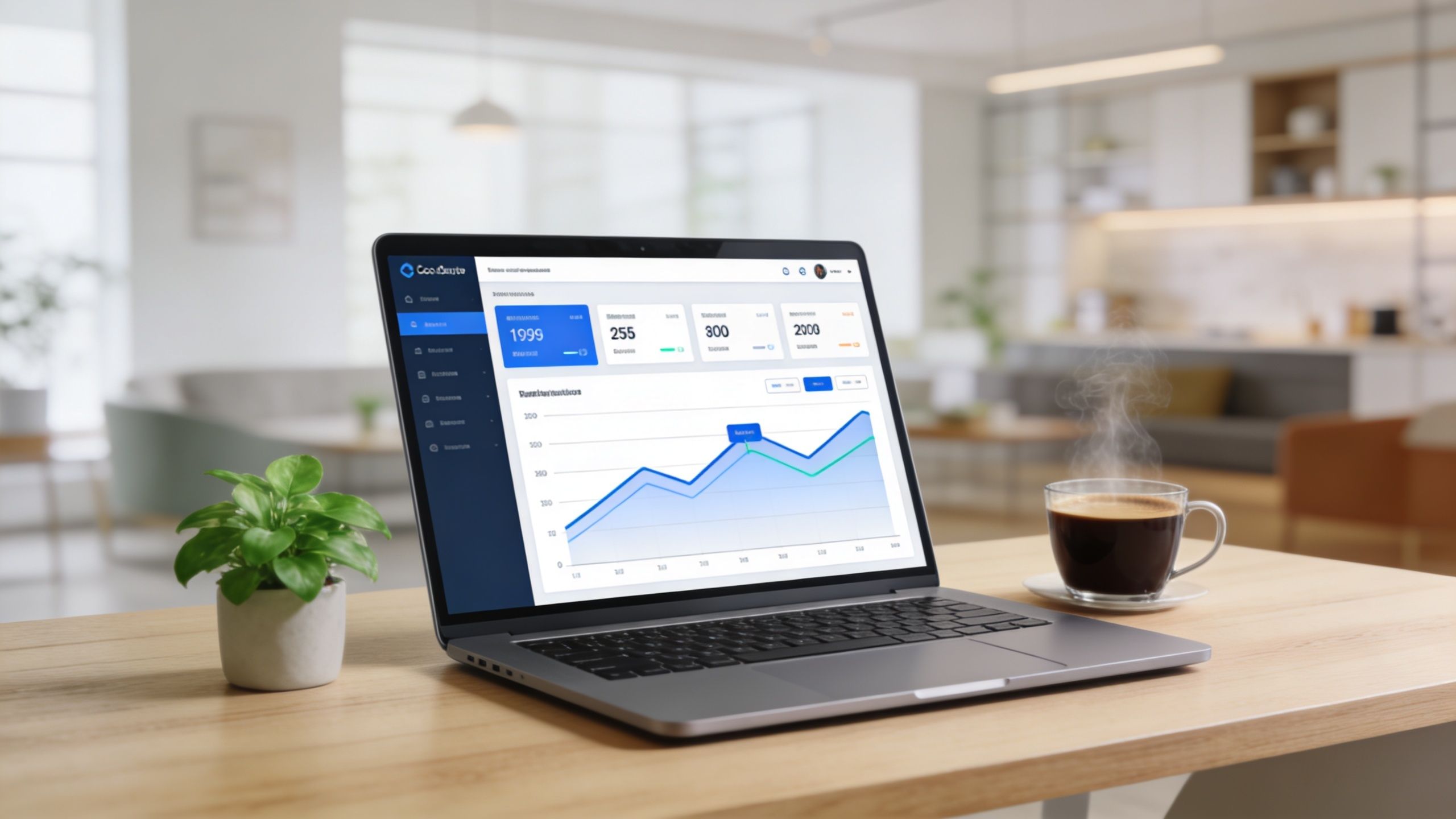 A modern laptop displaying a business analytics dashboard on a clean wooden desk with coffee and plants.