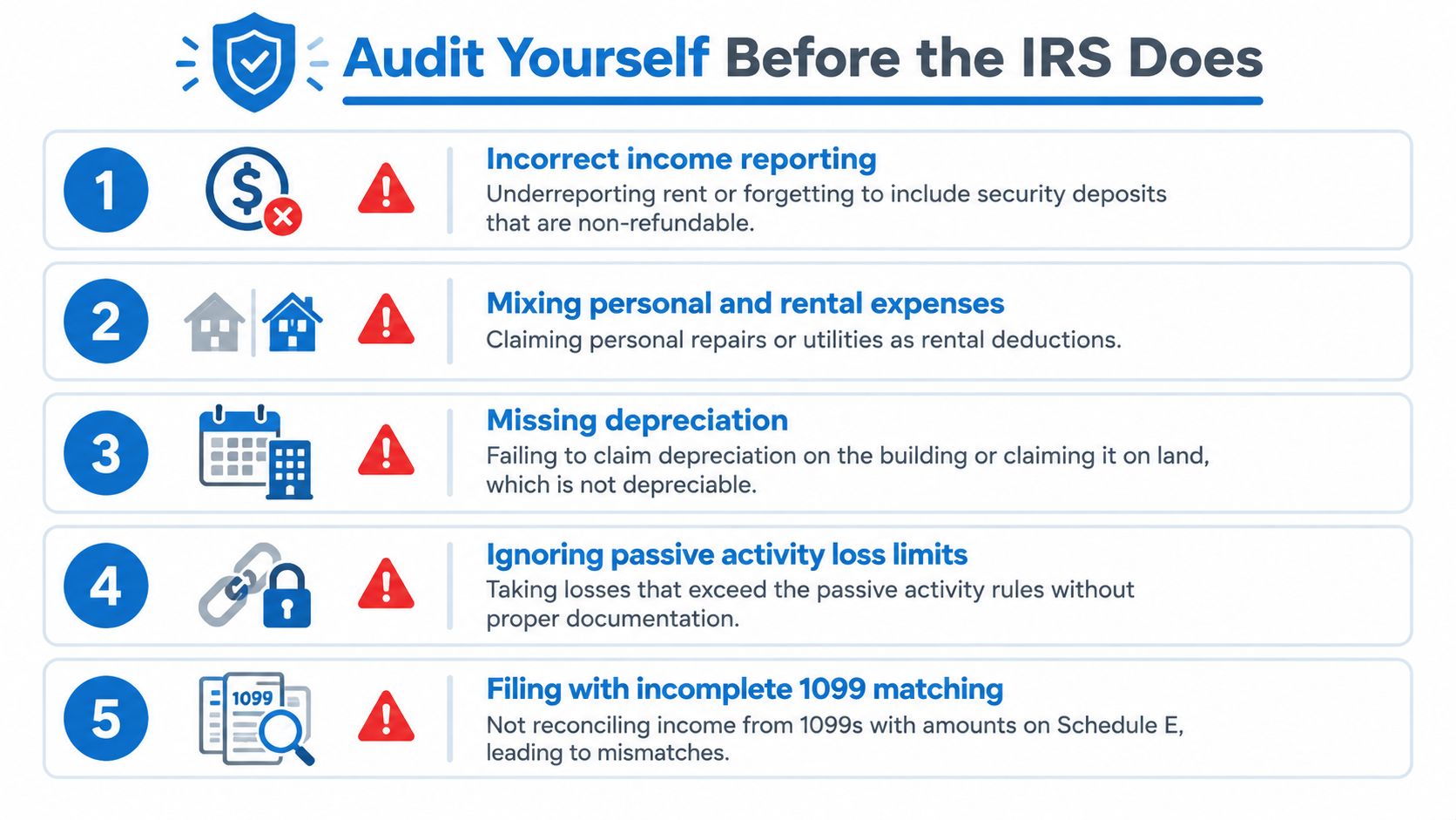 An infographic listing five common tax audit risks for rental income owners including reporting and documentation errors.