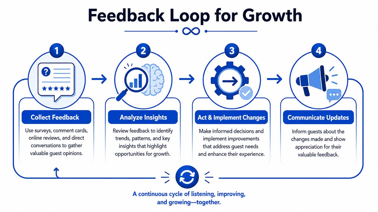 A four-step infographic illustrating a continuous feedback loop process for business growth and improving guest satisfaction.