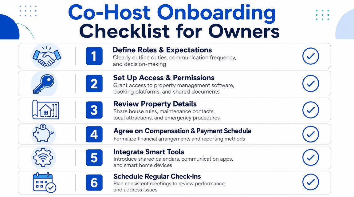 A checklist infographic titled Co-Host Onboarding for Owners, outlining six essential steps for property management partnerships.