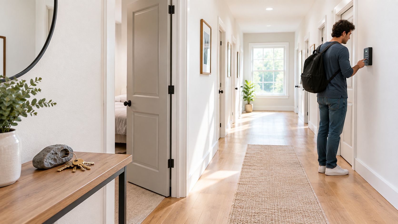 A man wearing a backpack stands in a bright hallway using a digital door lock keypad.