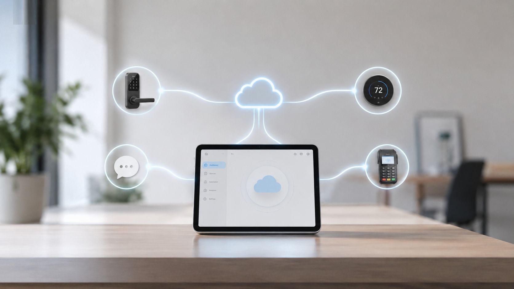 A digital tablet displaying a cloud network connected to smart home devices on a wooden table.