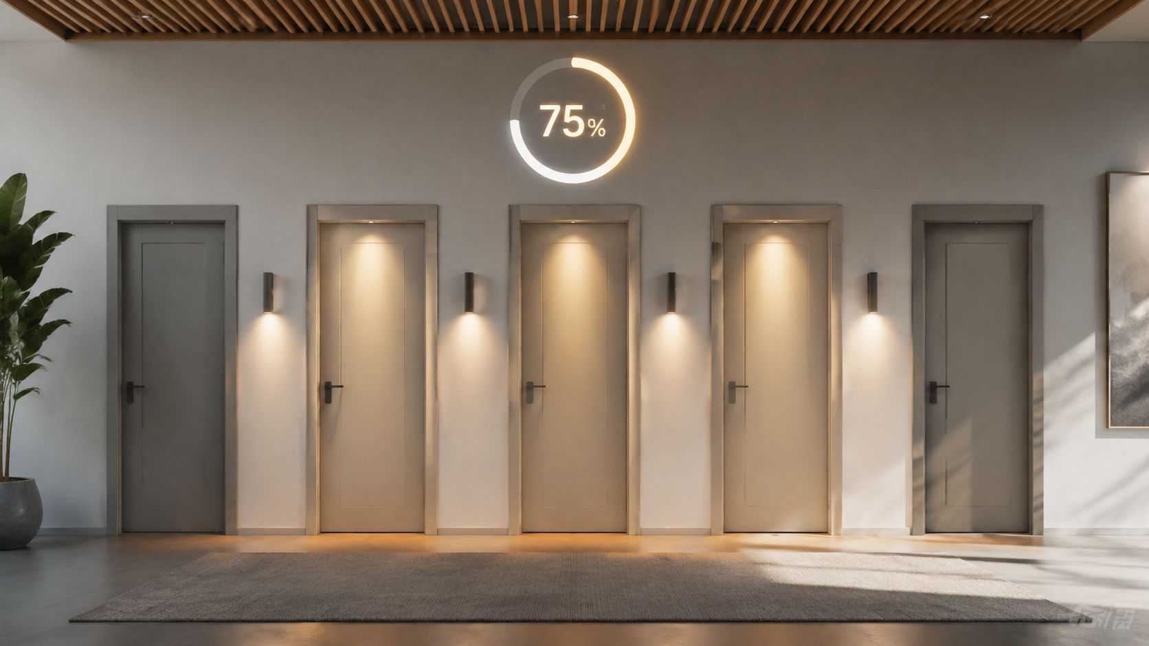 A modern hallway featuring four closed doors with illuminated circular progress indicator displaying 75 percent above.