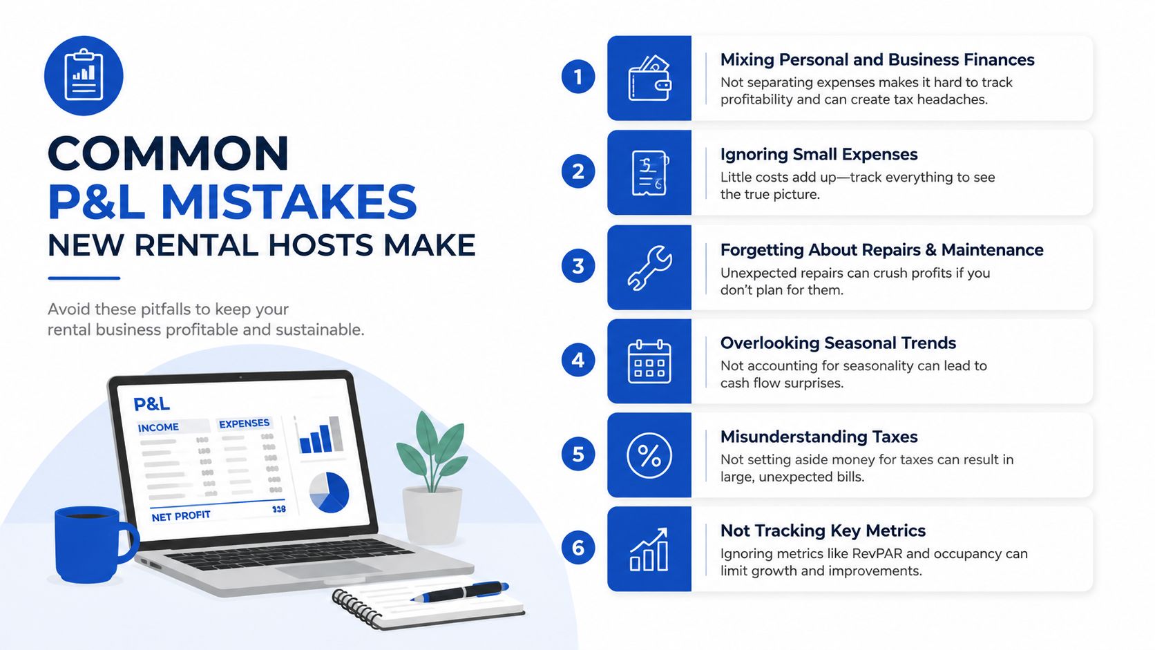An infographic titled Common P&L Mistakes New Rental Hosts Make, featuring six numbered financial pitfalls.