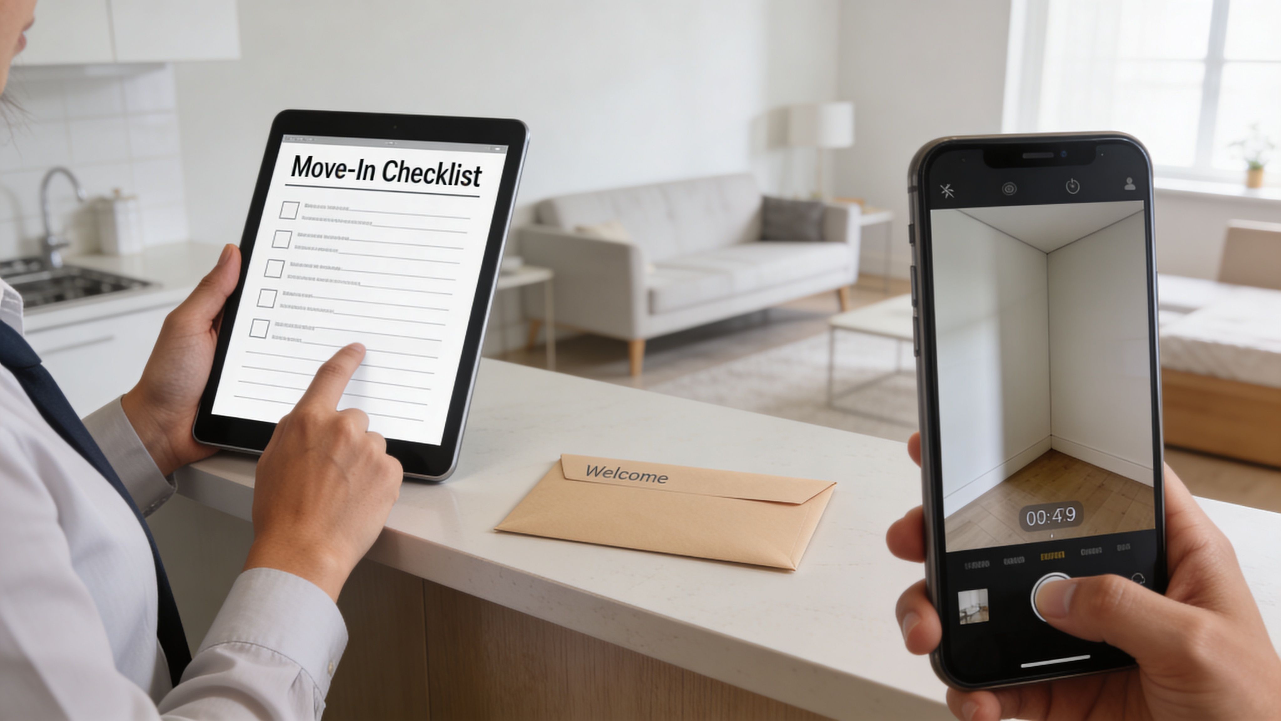 A person holds a tablet with a move-in checklist while another person photographs a room.