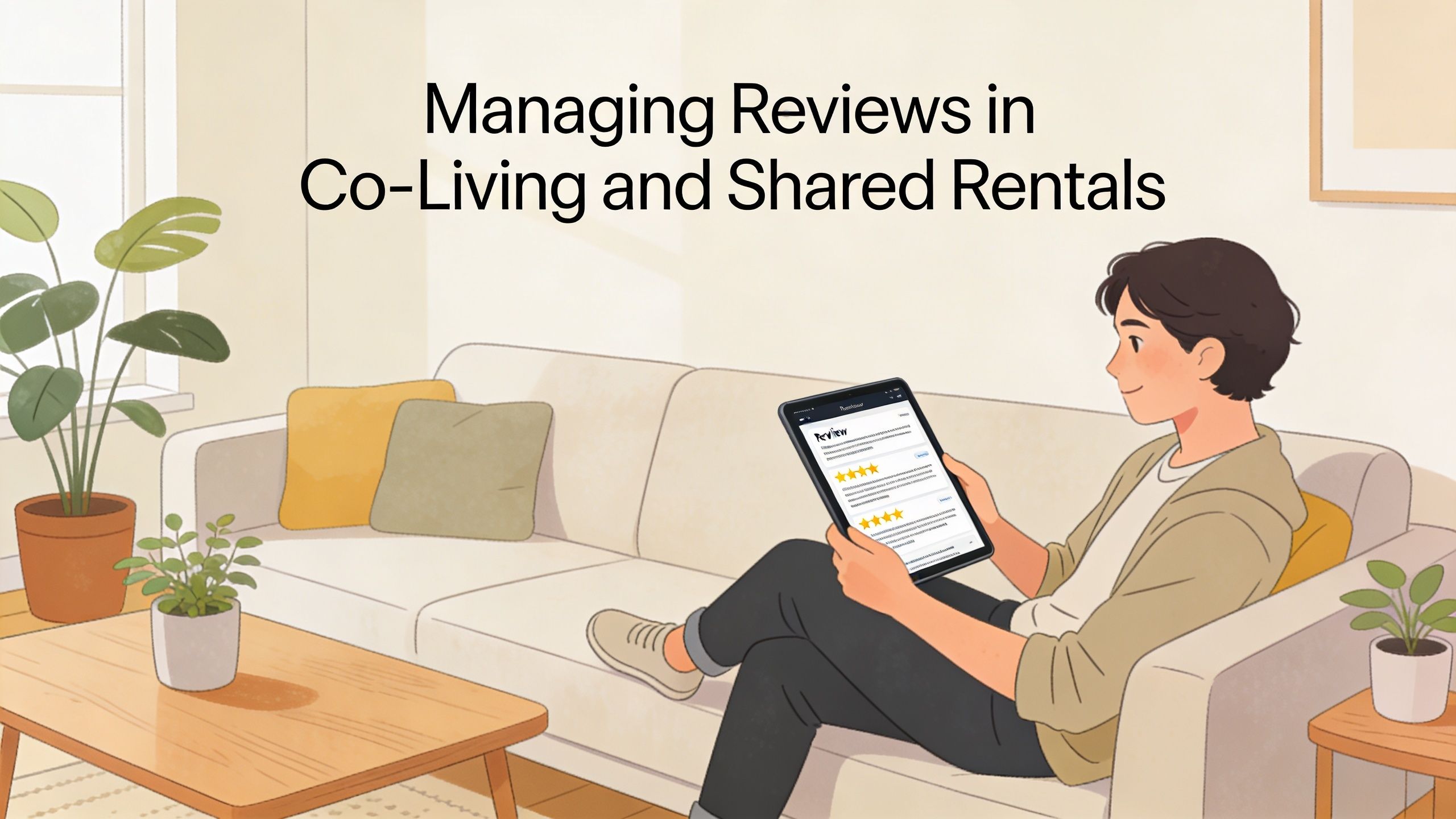 A young man sitting on a sofa looking at a tablet screen displaying online rental reviews.