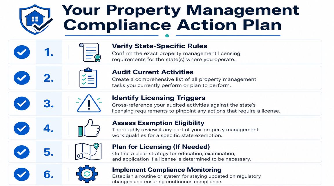 A six-step checklist graphic outlining the essential process for property management licensing and regulatory compliance.