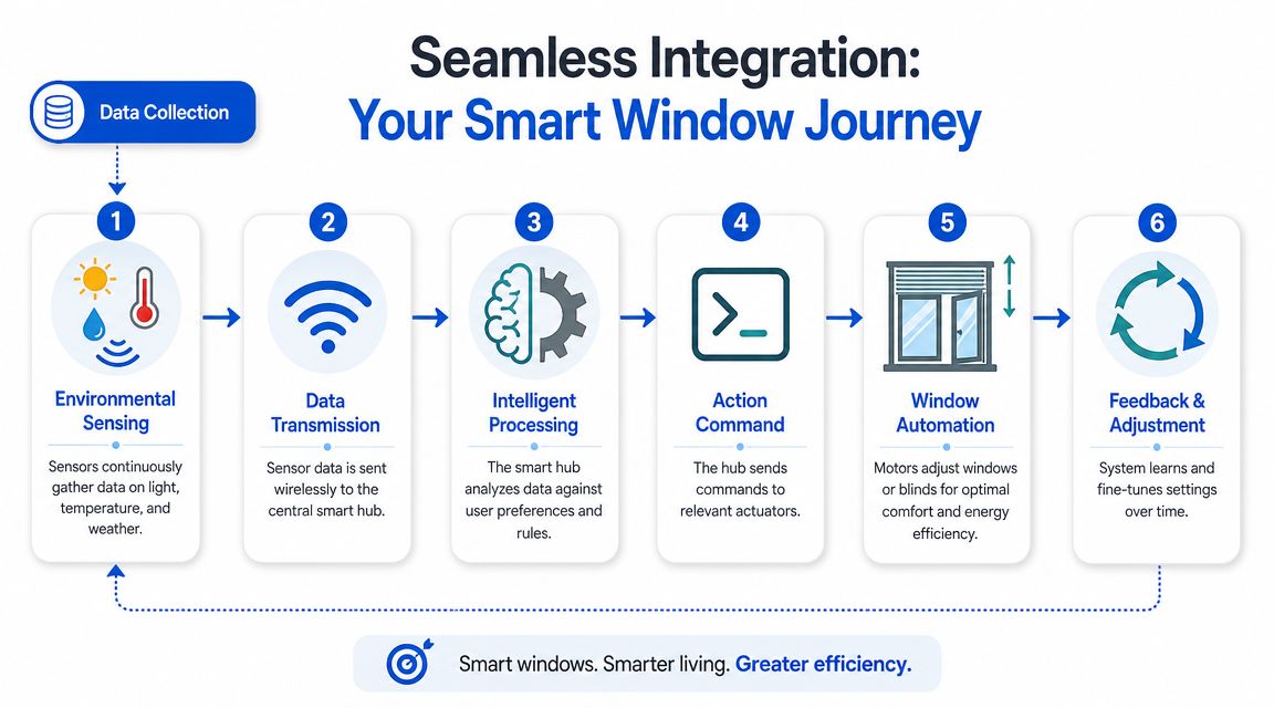 A diagram illustrating the six-step process for smart window automation, from environmental sensing to system feedback and adjustment.