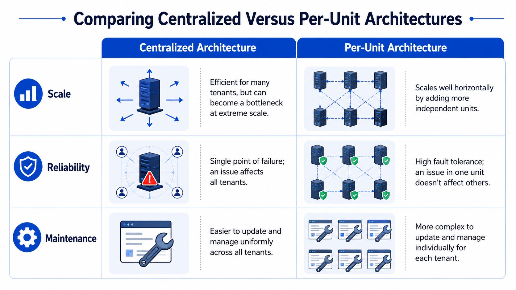 A comparison table contrasting centralized versus per-unit architectural approaches for multi-tenant systems across scale, reliability, and maintenance.