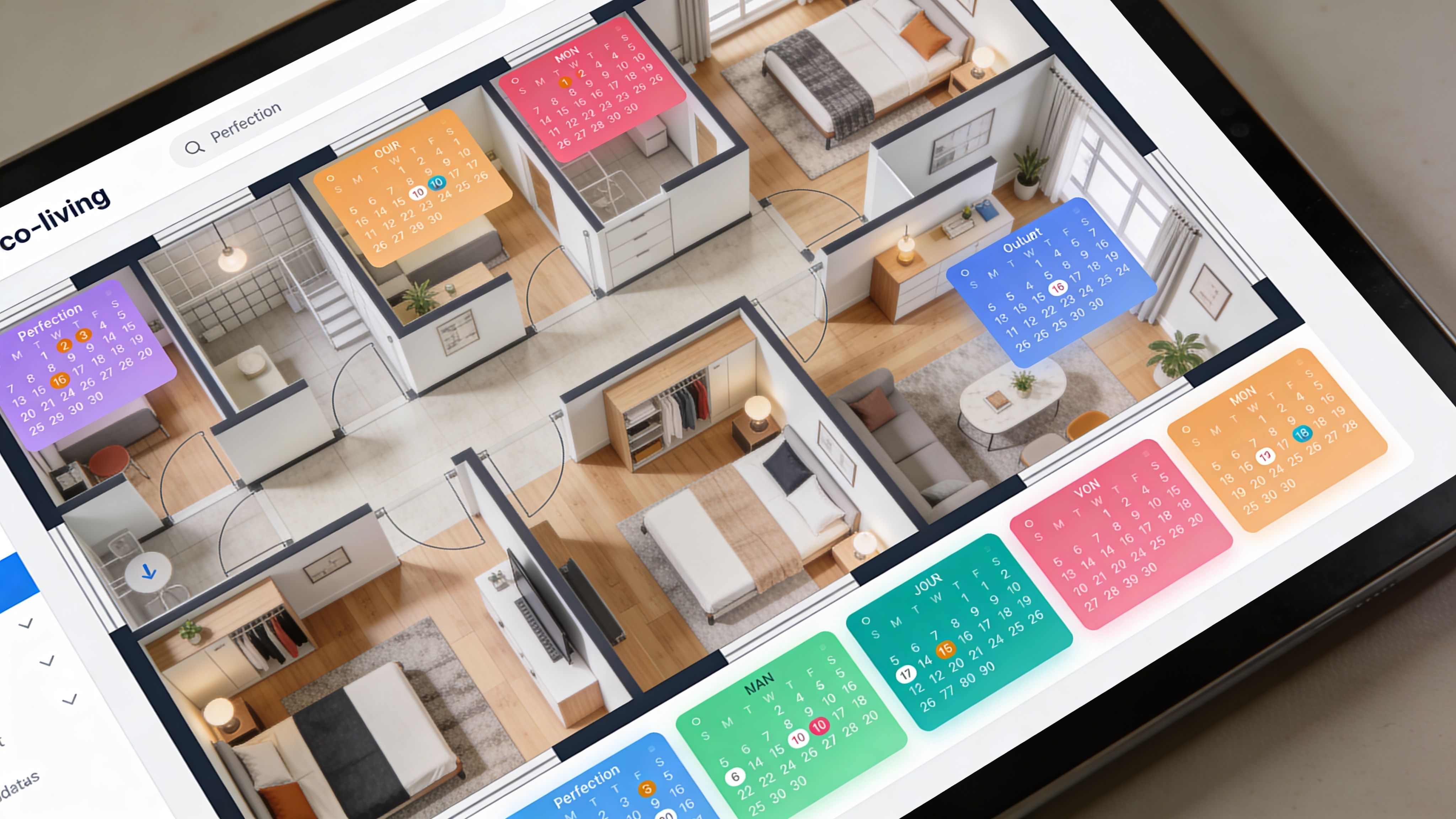 A 3D floor plan layout displayed on a tablet with several interactive calendars overlaying various rooms.