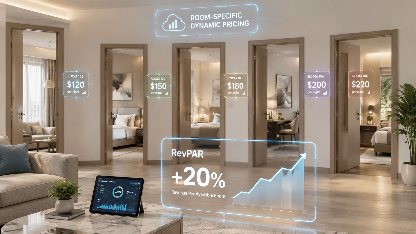 A digital display in a luxury hotel shows room-specific dynamic pricing and a twenty percent increase in RevPAR.
