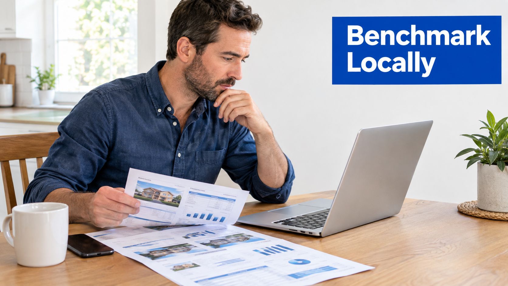 A man in a blue shirt reviewing real estate investment reports while sitting at a wooden desk.