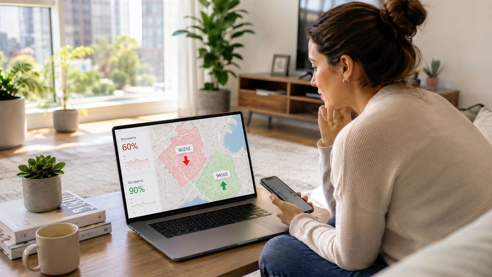 A woman working from home using her laptop to analyze real estate market trends on a digital map.