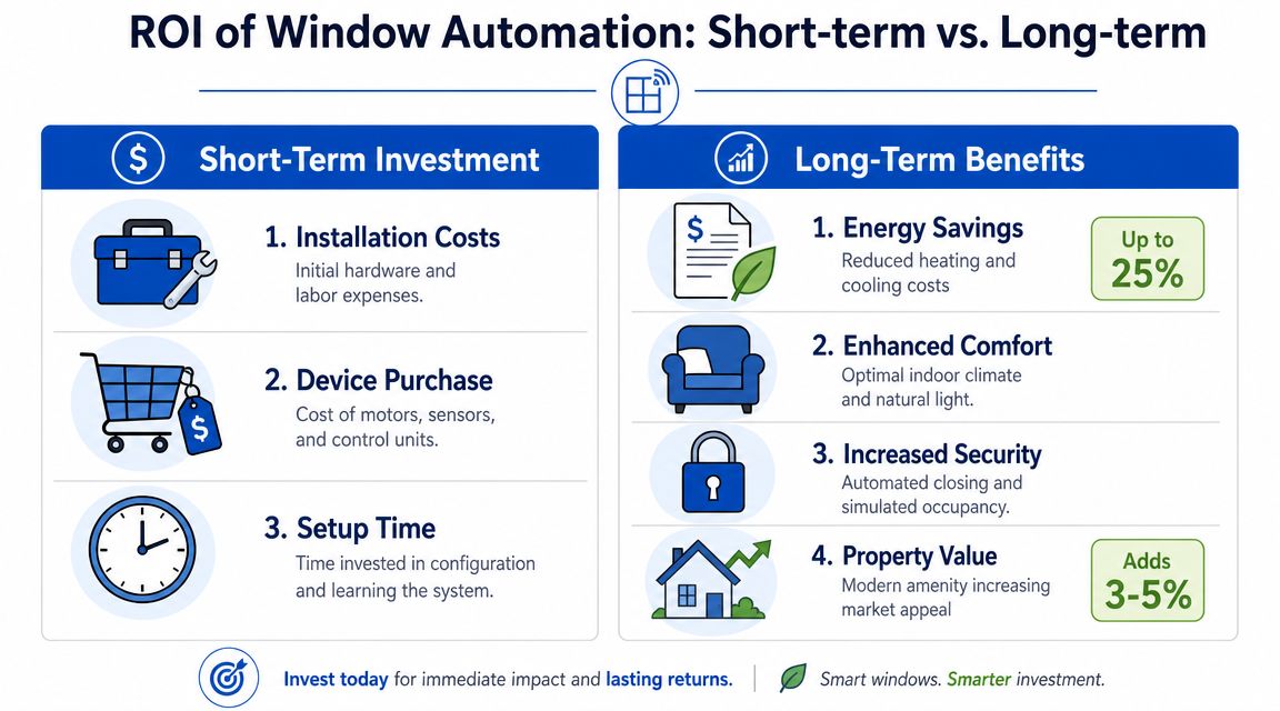 An infographic comparing the short-term financial investments and long-term benefits of installing automated window systems.