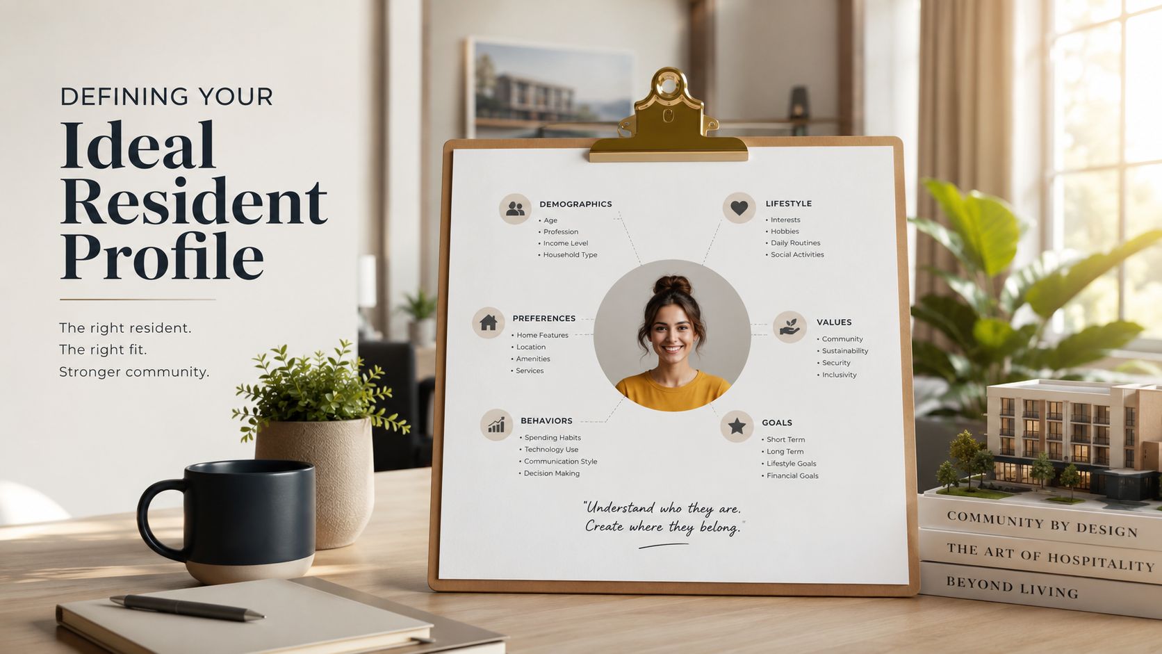 A professional desk display featuring an infographic on a clipboard titled Defining Your Ideal Resident Profile.