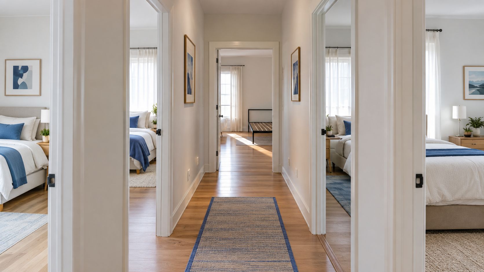 A long residential hallway featuring white doors leading into three bright and modern bedrooms with neutral decor.