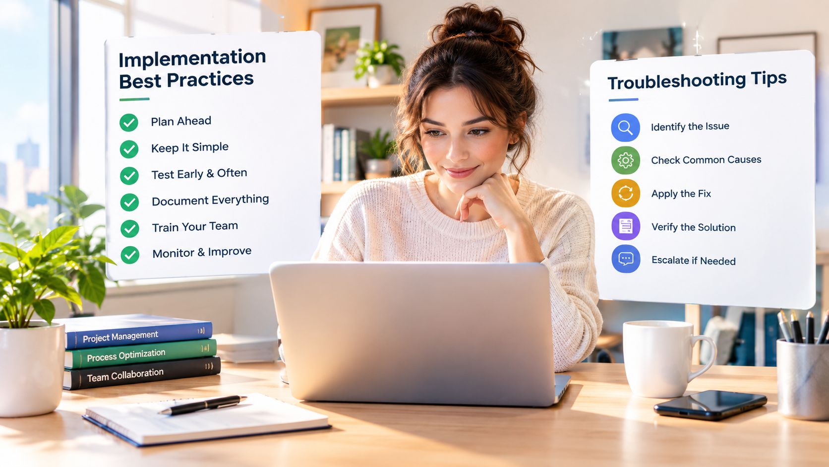 A woman working on a laptop with infographics about implementation best practices and troubleshooting tips nearby.